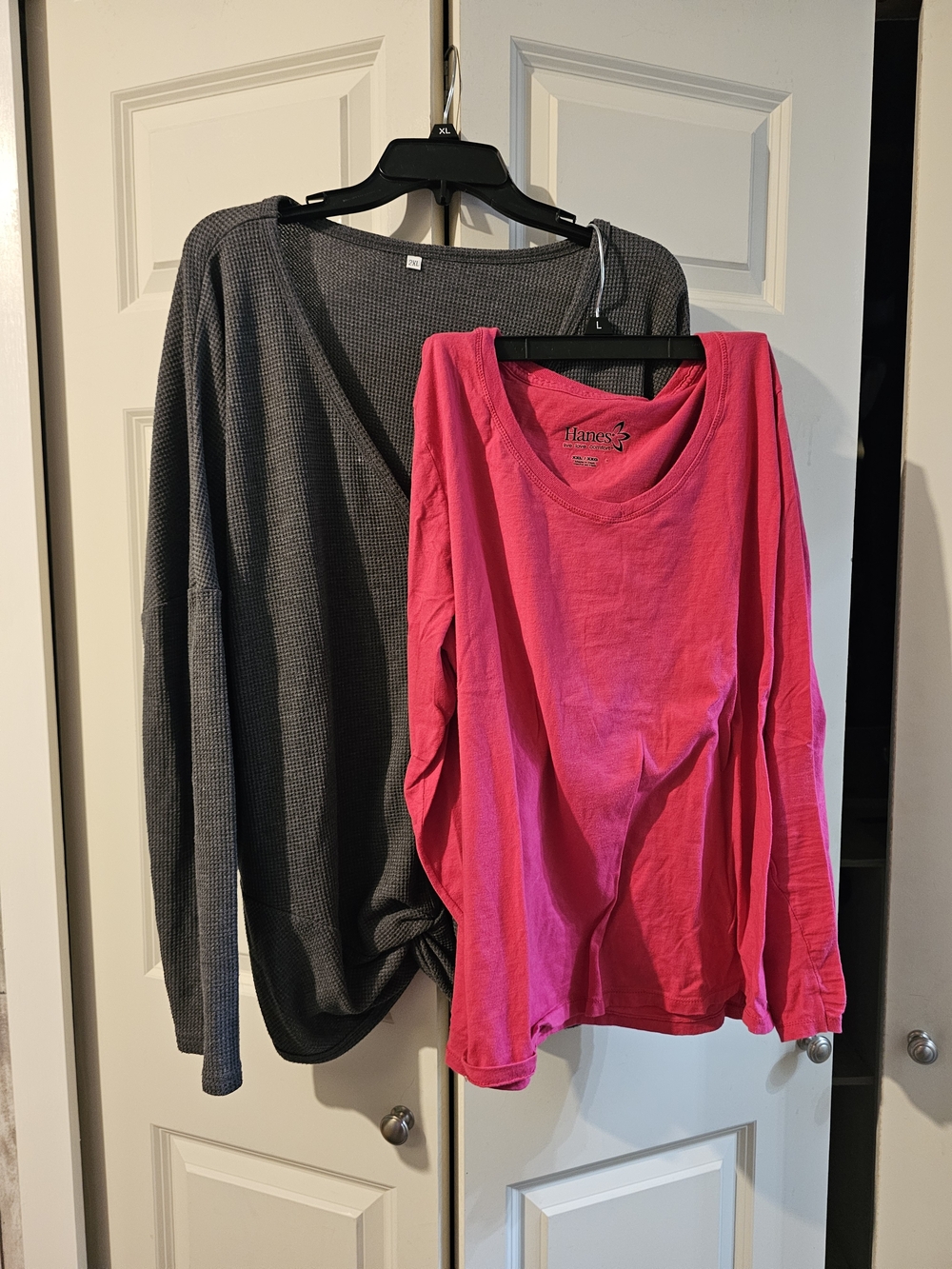 Hanes Pink Long Sleeve Tee & Gray Waffle Knit Top Duo